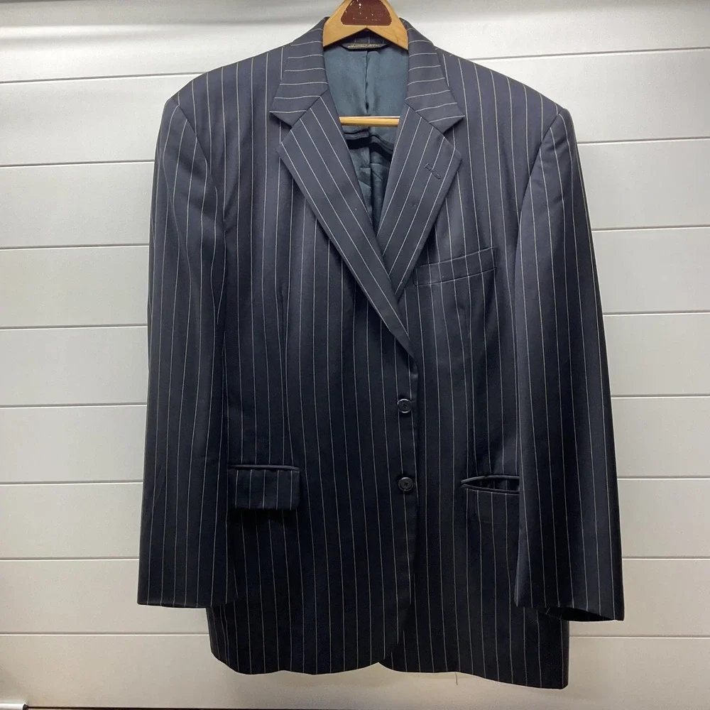 Granger Owings Royal Label Navy Pinstripe Wool Blazer Tailored Suit Jacket 42R